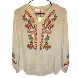 Solitaire Embroidered Swiss dot v-neck boho  semi sheer rayon tan blouse. Size S